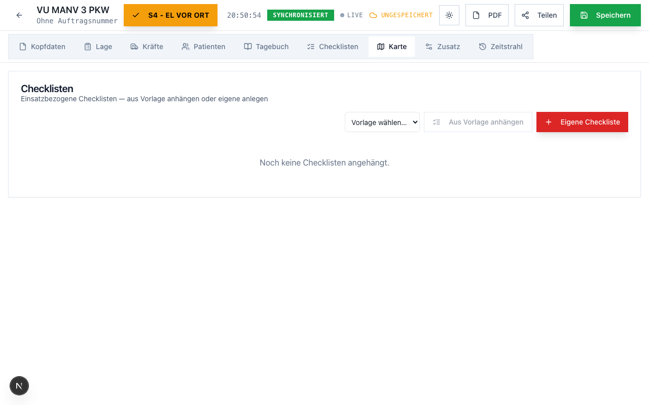 ARES Rescue Checklisten-Tab mit stichwortbasierter Vorlage