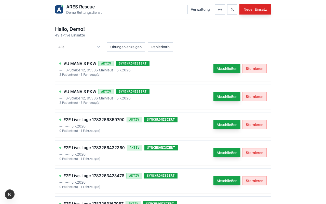 ARES Rescue Dashboard — Übersicht laufender und abgeschlossener Einsätze