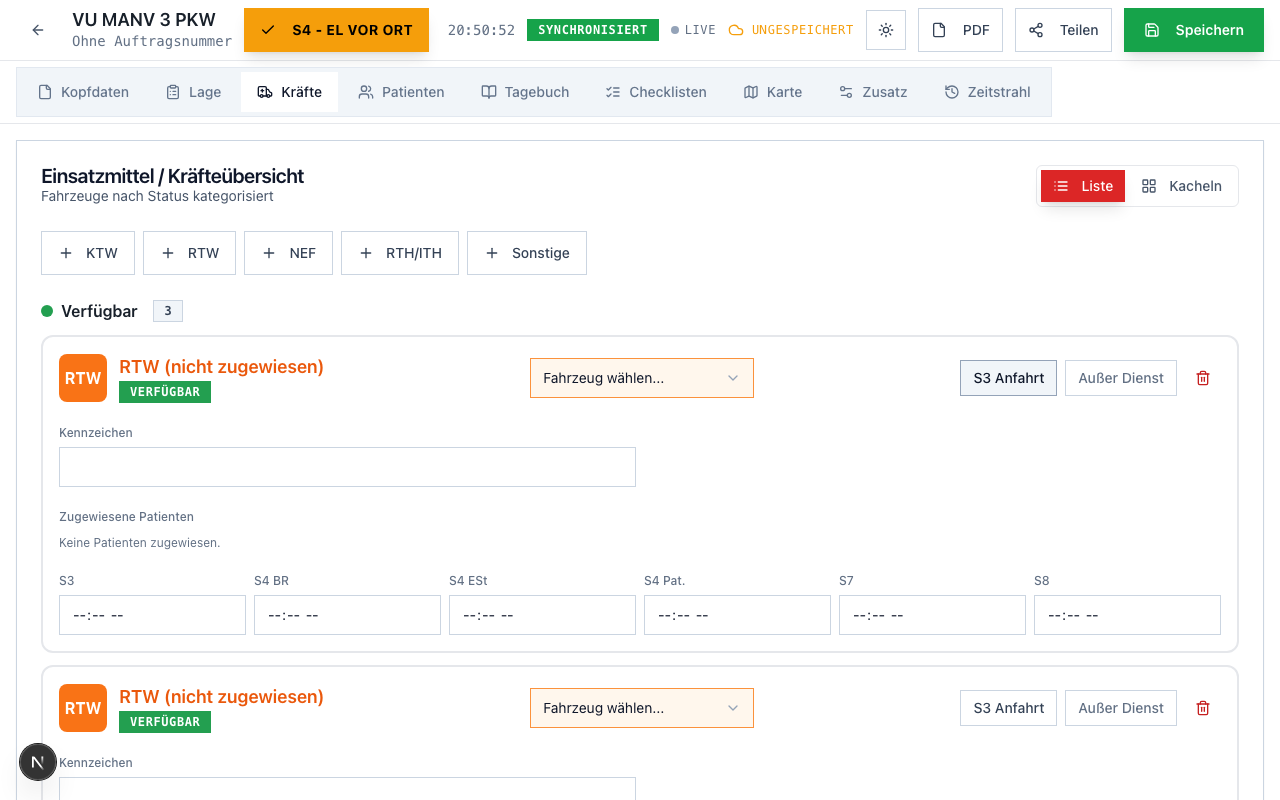 ARES Rescue Editor — Kräfteübersicht mit Fahrzeugstatus